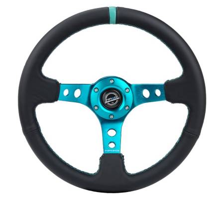 NRG Innovations - NRG Innovations Reinforce Steering Wheel (350mm / 3in. Deep) Blk Leather, Teal Center Mark w/ Teal Stitching