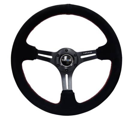 NRG Innovations - NRG Innovations Reinforced Steering Wheel (350mm / 3in. Deep) Blk Suede w/Red Stitching & 5mm Spokes w/Slits