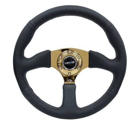 NRG Innovations - NRG Innovations Reinforced Steering Wheel (350mm / 2.5in. Deep) Leather Race Comfort Grip w/4mm Gold Spokes