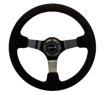 NRG Innovations - NRG Innovations Reinforced Steering Wheel (350mm / 3in. Deep) Blk Suede w/Red BBall Stitch & Black 3-Spoke