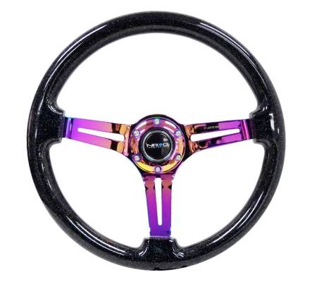 NRG Innovations - NRG Innovations Reinforced Steering Wheel (350mm / 3in. Deep) Blk Multi Color Flake w/ Neochrome Center Mark