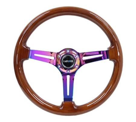 NRG Innovations - NRG Innovations Reinforced Steering Wheel (350mm / 3in. Deep) Brown Wood w/Blk Matte Spoke/Neochrome Center Mark