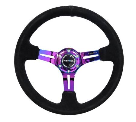 NRG Innovations - NRG Innovations Reinforced Steering Wheel (350mm / 3in. Deep) Blk Suede/Blk Stitch w/Neochrome Slits