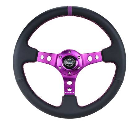 NRG Innovations - NRG Innovations Reinforced Steering Wheel (350mm / 3in. Deep) Black Leather w/Purple Center & Purple Stitching