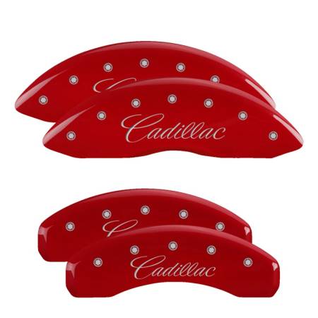 MGP Caliper Covers - MGP Caliper Covers Red finish, Silver Cadillac (Cursive) for 2007-2020 Cadillac Escalade ESV / 2007-2020 Cadillac Escalade / 2007-2013 Cadillac Escalade EXT