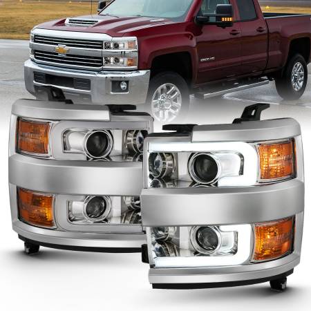 ANZO Headlights, Tail Lights and More  - ANZO 2015-2016 Chevrolet Silverado Projector Headlights w/ Plank Style Design Chrome w/ Amber