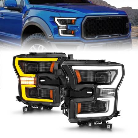 ANZO Headlights, Tail Lights and More  - ANZO 15-17 Ford F-150 LED Projector Headlights - w/ Light Bar Switchback Black Housing