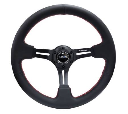 NRG Innovations - NRG Innovations Reinforced Steering Wheel (350mm / 3in. Deep) Black Leather/Red Stitch & Blk 3-Spoke w/Slits