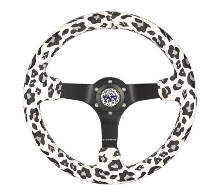 NRG Innovations - NRG Innovations Reinforced Steering Wheel (350mm/3in. Deep) SAVAGE White Leopard w/ Matte Blk Spokes