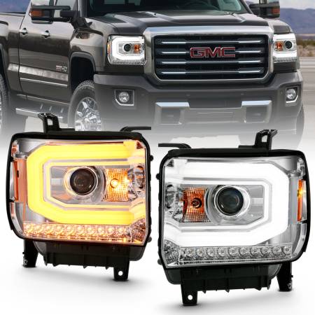 ANZO Headlights, Tail Lights and More  - ANZO 2014-2015 Gmc Sierra 1500 Projector Headlight Plank Style Chrome w/ Switchback (Halogen Type)