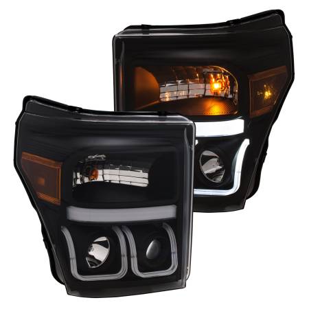 ANZO Headlights, Tail Lights and More  - ANZO 11-16 Ford F-150 Super Duty Projector Headlights w/ U-Bar Switchback Black w/ Amber