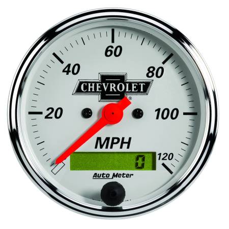 AutoMeter - AutoMeter Gauge Speedo 3-1/8in. 120MPH Elec Prog W/ Lcd Odo Chevrolet Heritage Bowtie
