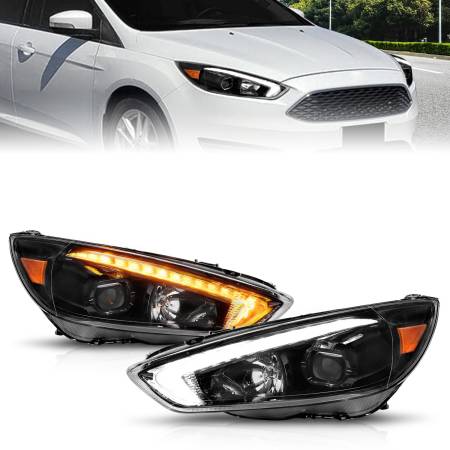 ANZO Headlights, Tail Lights and More  - ANZO 15-18 Ford Focus Projector Headlights - w/ Light Bar Switchback Black Housing