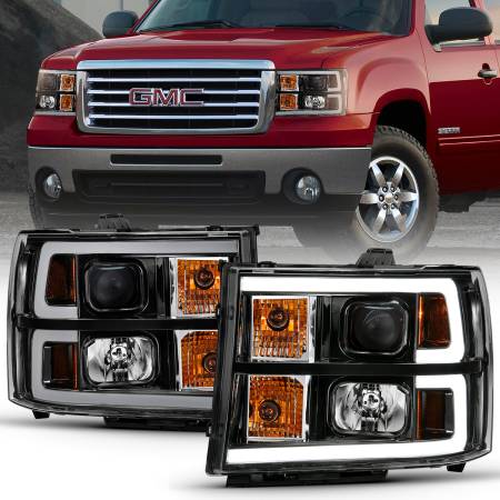 ANZO Headlights, Tail Lights and More  - ANZO 2007-2013 Gmc Sierra 1500 Projector Headlight Plank Style Black w/ Clear Lens Amber
