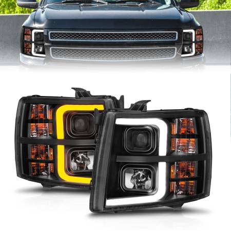 ANZO Headlights, Tail Lights and More  - ANZO 2007-2013 Chevrolet Silverado 1500 Projector w/ Light Bar Black Housing w/ Sequential