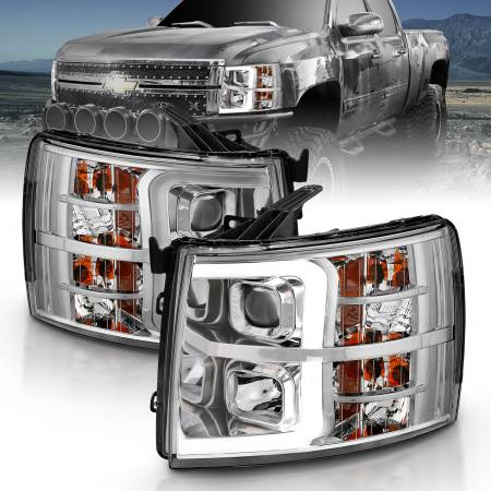 ANZO Headlights, Tail Lights and More  - ANZO 2007-2013 Chevy Silverado 1500 Projector Plank Style Chrome Amber