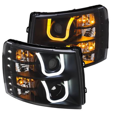 ANZO Headlights, Tail Lights and More  - ANZO 2007-2013 Chevrolet Silverado 1500/2500 Projector Headlights w/ U-Bar Switchback Black w/ Amber