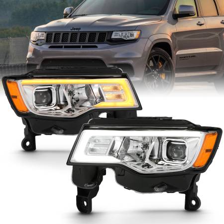ANZO Headlights, Tail Lights and More  - ANZO 2017-2018 Jeep Grand Cherokee Projector Headlights w/ Plank Style Switchback - Chrome w/ Amber