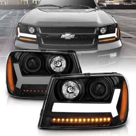 ANZO Headlights, Tail Lights and More  - ANZO 2006-2009 Chevrolet Trailblazer Projector Headlights w/ Plank Style Design Black w/ Amber