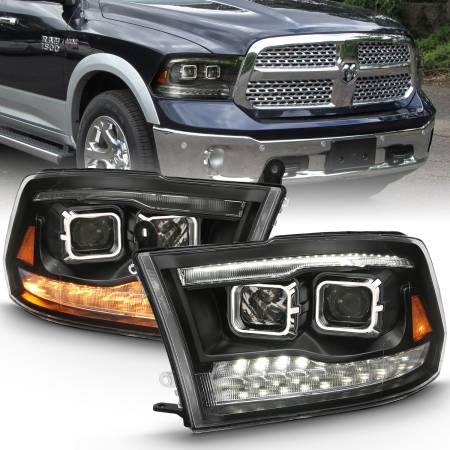 ANZO Headlights, Tail Lights and More  - ANZO 2009-2018 Dodge Ram 1500 Projector H.L. Switchback Black Amber
