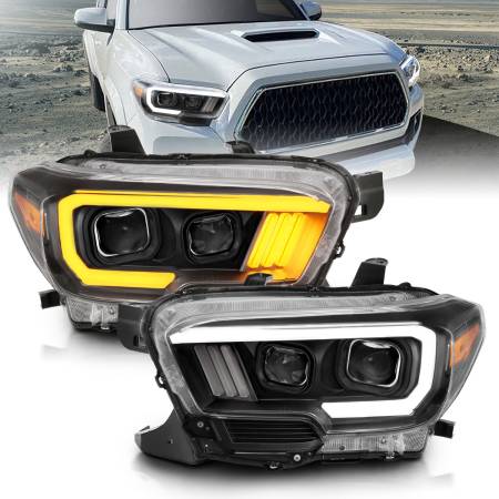 ANZO Headlights, Tail Lights and More  - ANZO 2016-2017 Toyota Tacoma Projector Headlights w/ Plank Style Switchback Black w/ Amber