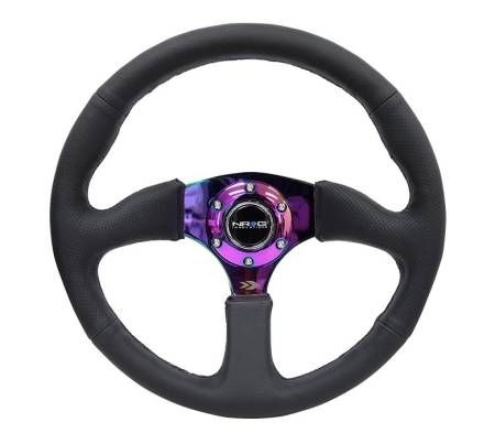 NRG Innovations - NRG Innovations Reinforced Steering Wheel (350mm / 2.5in. Deep) Leather Race Comfort Grip w/4mm Neochrome Spokes