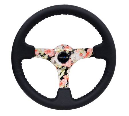 NRG Innovations - NRG Innovations Reinforced Steering Wheel (350mm / 3in. Deep) Blk Leather Floral Dipped w/ Blk Baseball Stitch