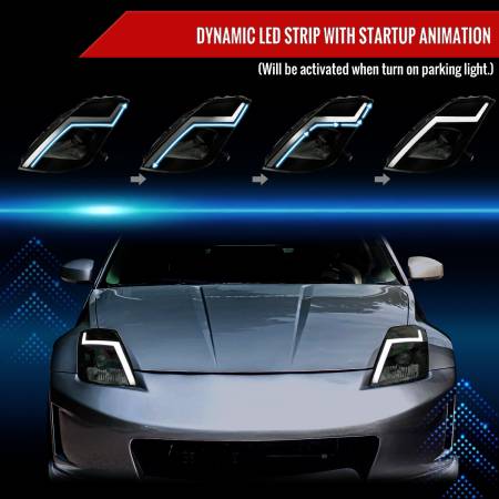 Spec'D Tuning Products - Spec-D 2003-2005 Nissan 350Z Switchback Sequential Turn Signal Animated LED Bar Projector Headlights (Matte Black Housing/Smoke Lens)