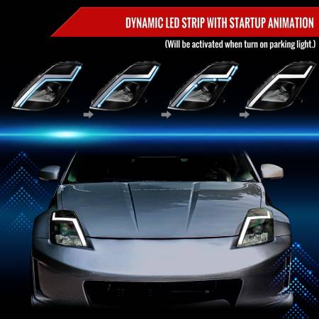 Spec'D Tuning Products - Spec-D 2003-2005 Nissan 350Z Switchback Sequential Turn Signal Animated LED Bar Projector Headlights (Matte Black Housing/Clear Lens)