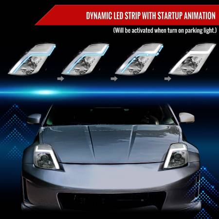 Spec'D Tuning Products - Spec-D 2003-2005 Nissan 350Z Switchback Sequential Turn Signal Animated LED Bar Projector Headlights (Chrome Housing/Clear Lens)