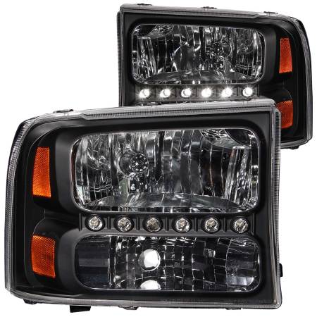 ANZO Headlights, Tail Lights and More  - ANZO 2000-2004 Ford Excursion Crystal Headlights Black w/ LED 1pc