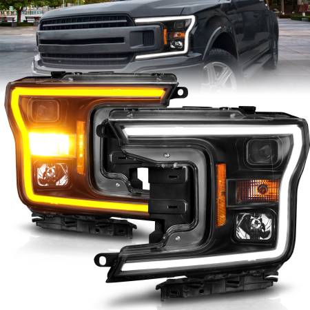 ANZO Headlights, Tail Lights and More  - ANZO 2018-2020 Ford F-150 Projector Headlight w/ Plank Style Switchback Black Housing