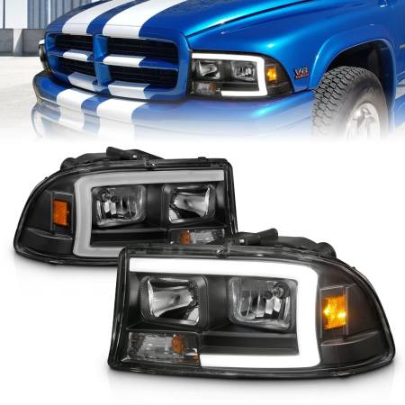 ANZO Headlights, Tail Lights and More  - ANZO 97-04 Dodge Dakota/Durango Crystal headlight Set w/ Light Bar Black Housing