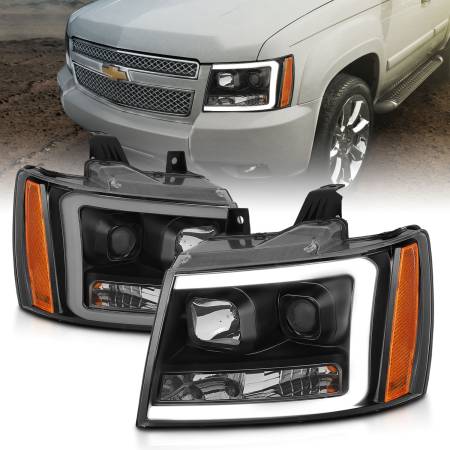 ANZO Headlights, Tail Lights and More  - ANZO 07-14 Chevy Tahoe Projector Headlights w/ Plank Style Design Black w/ Amber