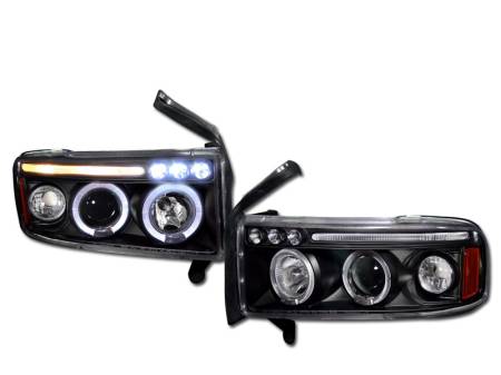I3 Enterprise - I3 94-01 Dodge Ram Twin Halo Projector Headlight W/Led W/Amber (Jdm Black)