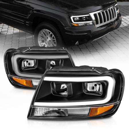 ANZO Headlights, Tail Lights and More  - ANZO 99-04 Jeep Grand Cherokee Crystal Headlights - w/ Light Bar Black Housing