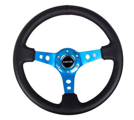 NRG Innovations - NRG Innovations Reinforced Steering Wheel (350mm / 3in. Deep) Blk Leather w/Blue Circle Cutout Spokes