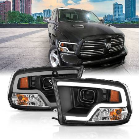 ANZO Headlights, Tail Lights and More  - ANZO 09-18 Dodge Ram 1500 Plank Style Projector Headlights Black w/ Halo