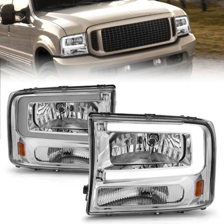 ANZO Headlights, Tail Lights and More  - ANZO 99-04 Ford F250/F350/F450/Excursion (excl. 99) Crystal Headlights - w/ Light Bar Chrome Housing