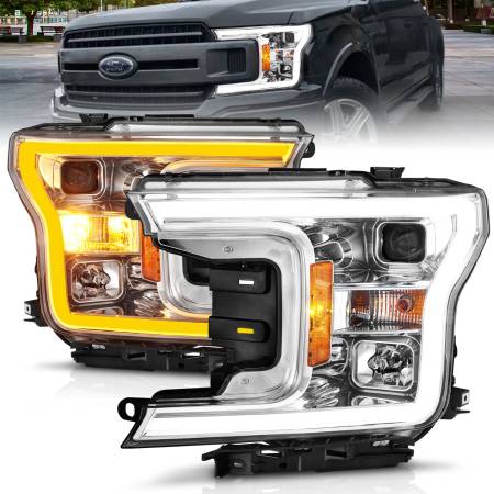 ANZO Headlights, Tail Lights and More  - ANZO 2018-2020 Ford F-150 Projector Headlight w/Plank Style Switchback Chrome Housing