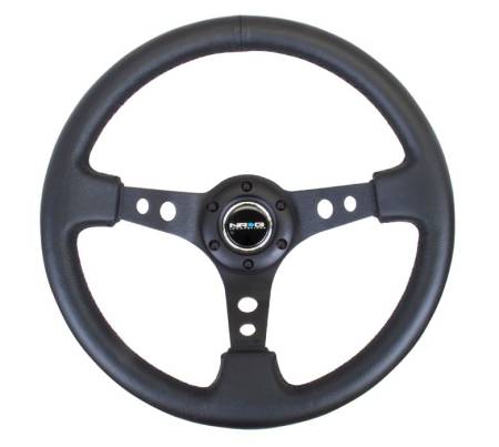NRG Innovations - NRG Innovations Reinforced Steering Wheel (350mm / 3in. Deep) Blk Leather w/Blk Spoke & Circle Cutouts