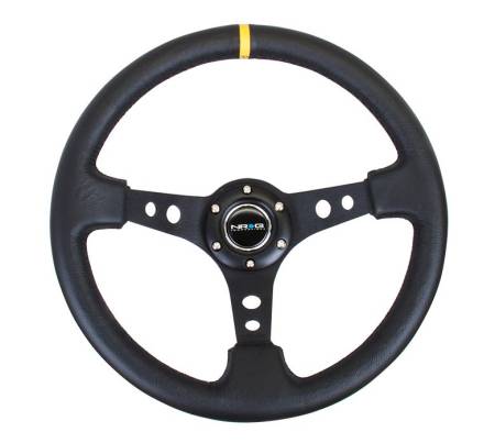 NRG Innovations - NRG Innovations Reinforced Steering Wheel (350mm / 3in. Deep) Blk Leather w/Blk Cutout Spoke/Yellow Center Mark