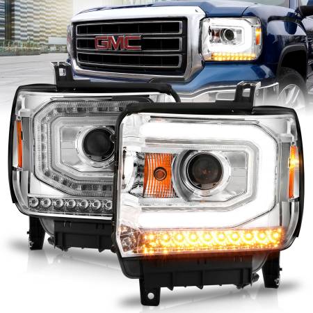 ANZO Headlights, Tail Lights and More  - ANZO 2014-2015 Gmc Sierra 1500 Projector Headlights w/ Light Bar Chrome Housing (Halogen Type)