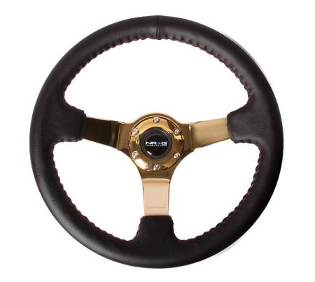 NRG Innovations - NRG Innovations Reinforced Steering Wheel (3in Deep / 4mm) 350mm Blk Leather w/Red BBall Stitch & Gold Spoke