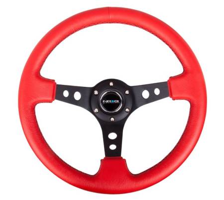 NRG Innovations - NRG Innovations Reinforced Steering Wheel (350mm / 3in. Deep) Red Leather/Blk Stitch w/Blk Circle Cutout Spokes