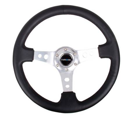 NRG Innovations - NRG Innovations Reinforced Steering Wheel (350mm / 3in. Deep) Blk Leather w/Silver Spoke & Circle Cutouts