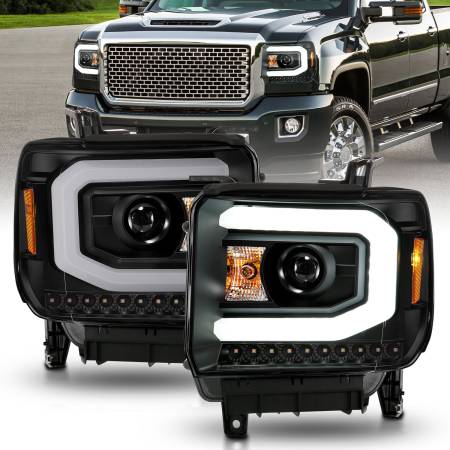 ANZO Headlights, Tail Lights and More  - ANZO 2014-2015 GMC Sierra 1500 Projector Headlights w/ Light Bar Black Housing (Halogen Type)