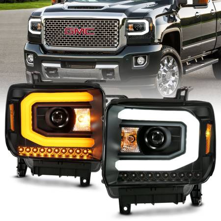 ANZO Headlights, Tail Lights and More  - ANZO GMC SIERRA 1500 14-15 2500H/15-19 Projector Headlight Plank Style Black w/ Switchback (Halogen)