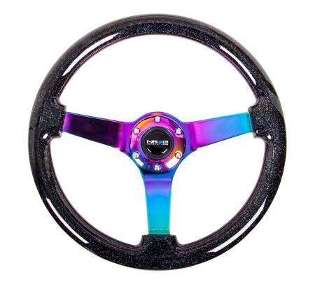 NRG Innovations - NRG Innovations Reinforced Steering Wheel (350mm / 3in. Deep) Classic Blk Sparkle w/4mm Neochrome 3-Spoke Center