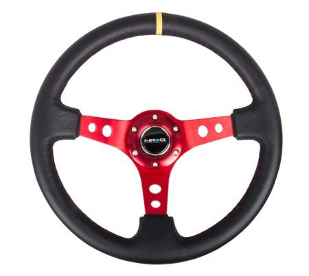 NRG Innovations - NRG Innovations Reinforced Steering Wheel (350mm / 3in. Deep) Blk Leather w/Red Spokes & Sgl Yellow Center Mark